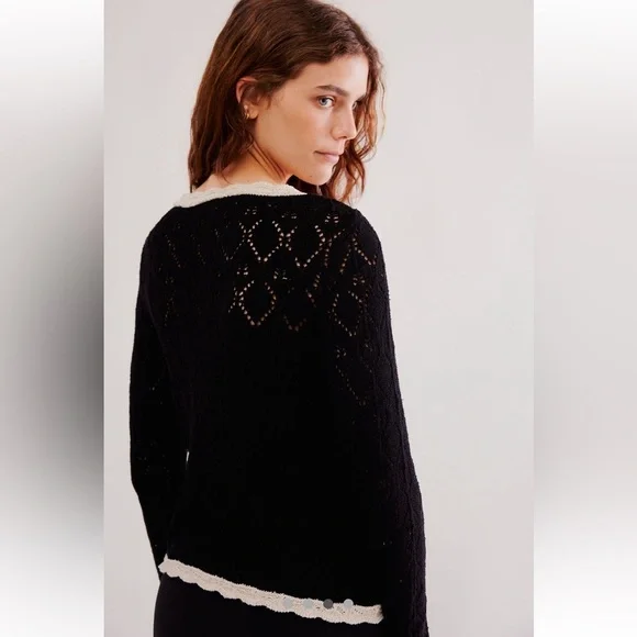 NWT Free People ♥️ Adelene Cardigan Size L Black Cream Combo $128 MSRP - Picture 3 of 11